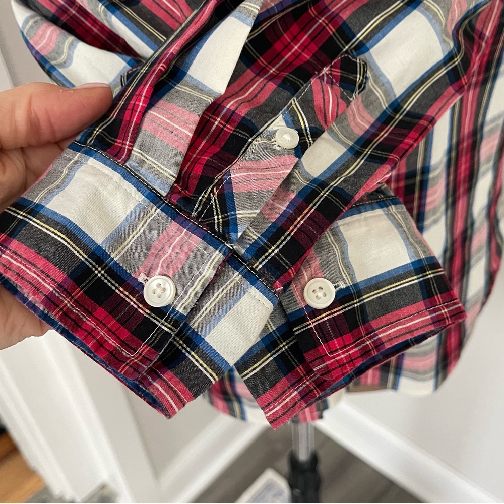 J.Crew Red Tartan Poplin Plaid Ruffle Neck Button-down Shirt size S EUC - Picture 3 of 6
